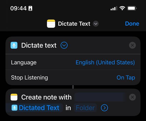 Shortcut app setup to turn voice into text